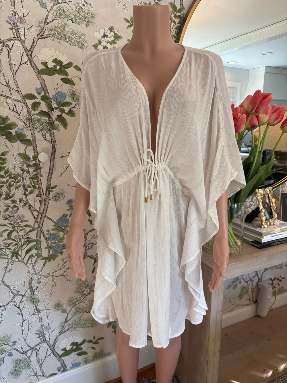Bleu Rod Beattie White Tie-Front Sheer Swim Coverup Kaftan